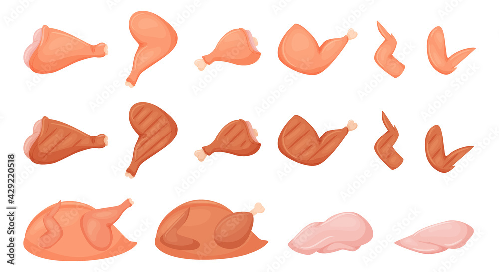 A set of pieces of raw chicken meat. Chicken leg, wing, breast fillet, drumstick, whole peeled chicken. Fresh raw and fried on chicken. Flat cartoon vector illustration isolated on a white background. A set of pieces of raw chicken meat. Chicken leg, wing, breast fillet, drumstick, whole peeled chicken. Fresh raw and fried on chicken. Flat cartoon vector illustration isolated on a white background.