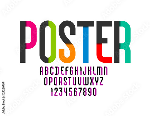 Original font, modern alphabet, trendy letters and numbers made of colored parts, vector illustration 10EPS