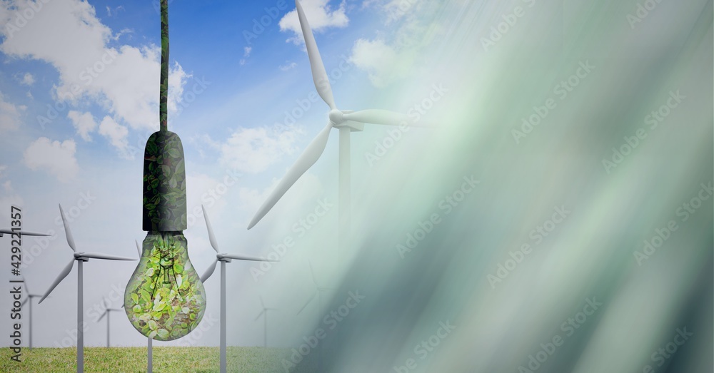 Composition of lightbulb with leaves over wind turbines with screen of smoke
