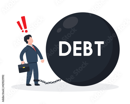 Businessman chained with a debt ball. The creative concept idea of business fund management trap or finance problem. Simple trendy cute cartoon vector illustration. Modern flat style graphic icon.