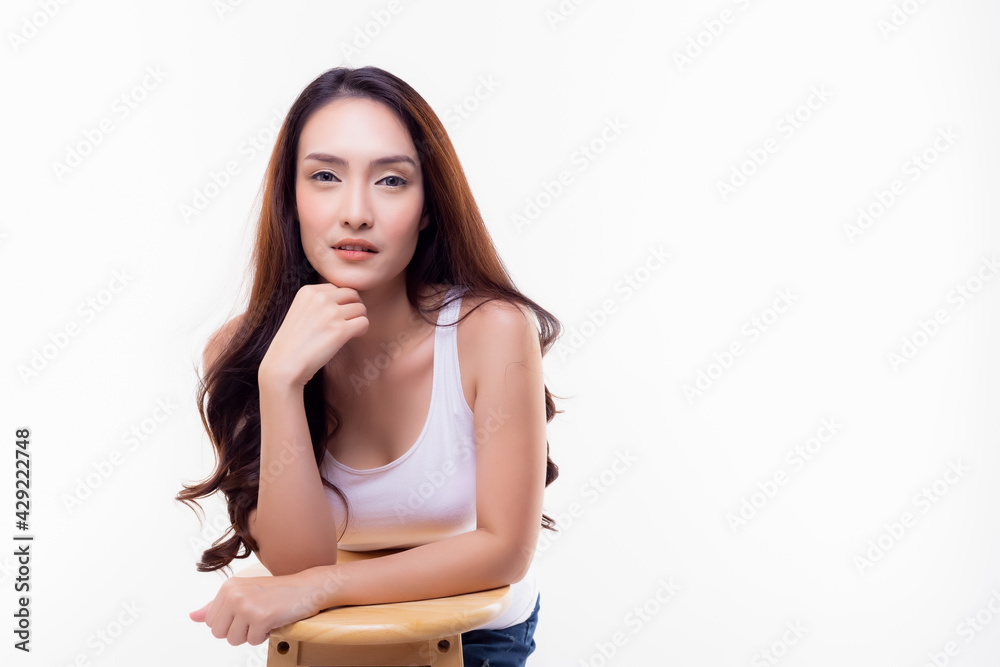 Portrait attractive beautiful asian woman Beauty young girl put hands on chair with chin on hand Young lady looking at camera use for insert advertisement at copy space isolated on white background Portrait attractive beautiful asian woman Beauty young girl put hands on chair with chin on hand Young lady looking at camera use for insert advertisement at copy space isolated on white background