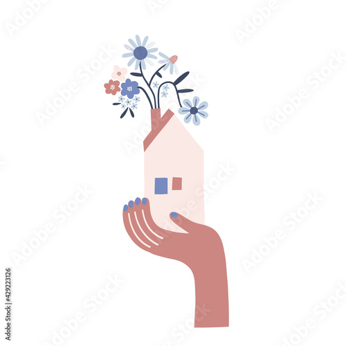 Hand keep tiny house with floral bouquet in chimney vector illustration. Hygge Scandinavian folksy daisy flower homely building in arm clip art isolated on white. Decorative graphics