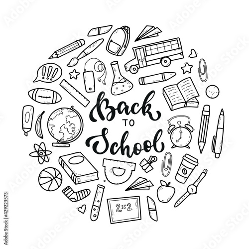 set of hand drawn school doodles and lettering quote 'Back to school' isolated on white background. Good for prints, icons, stickers, logos, clipart, signs, cards, coloring pages, product decor, etc. 