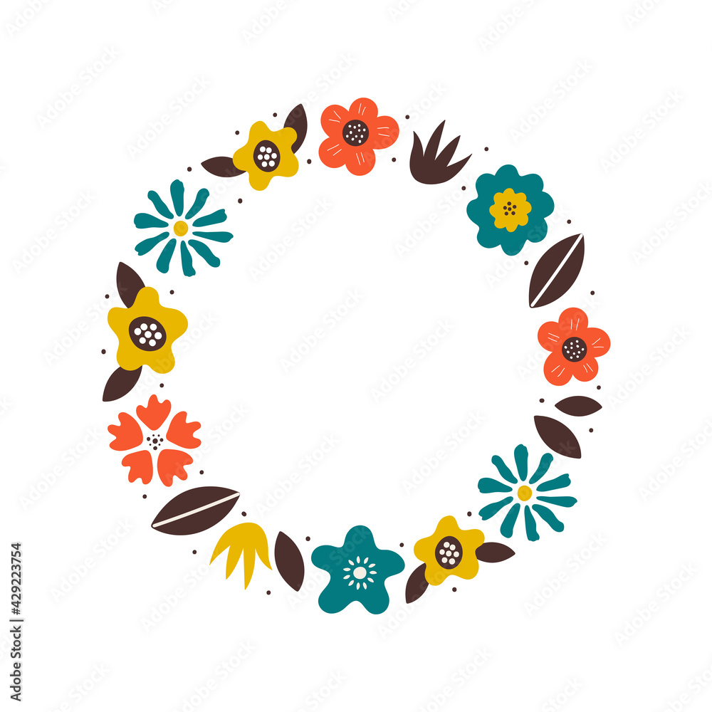 Floral abstract round frame isolated on white background. Modern bright colorful design. Vector illustration