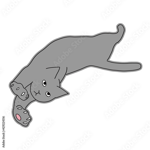 伸びをしている黒猫の全身のイラスト