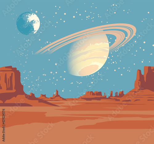 A fantastic alien landscape with a desert valley, rocks, and views of Saturn and another planet in a blue starry sky. Color vector illustration of a lifeless planet. Space science fiction background