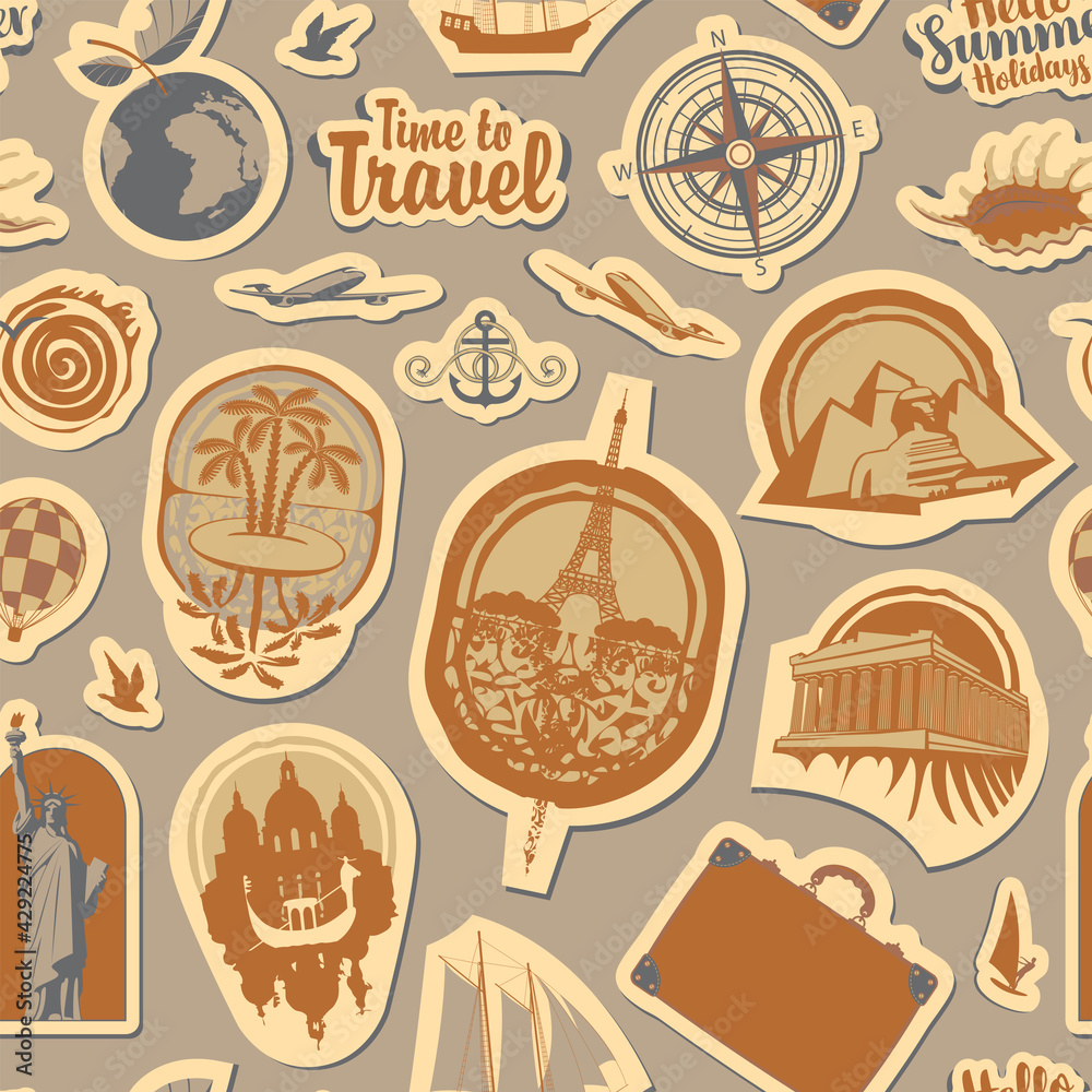 Vector seamless pattern on the theme of travel and vacations. Decorative repeating background with stickers or magnets from various countries on a gray backdrop in retro style