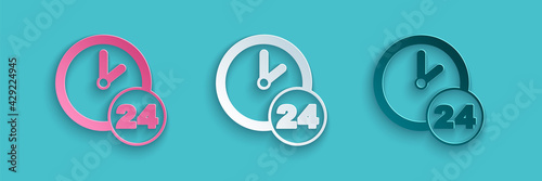 Paper cut Clock 24 hours icon isolated on blue background. All day cyclic icon. 24 hours service symbol. Paper art style. Vector