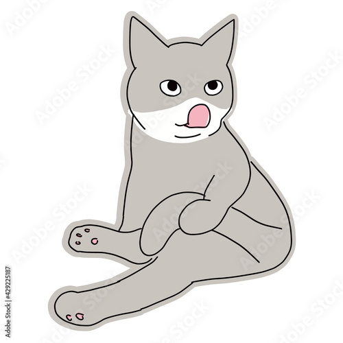 尻尾を持って舌を出している白黒猫の全身イラスト