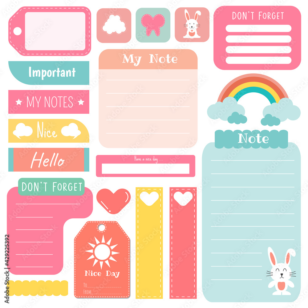 Cute paper notes. Stationary set. Scrapbook notes and cards.Printable planner stickers. Template for your message. Decorative planning element. Vector illustration.