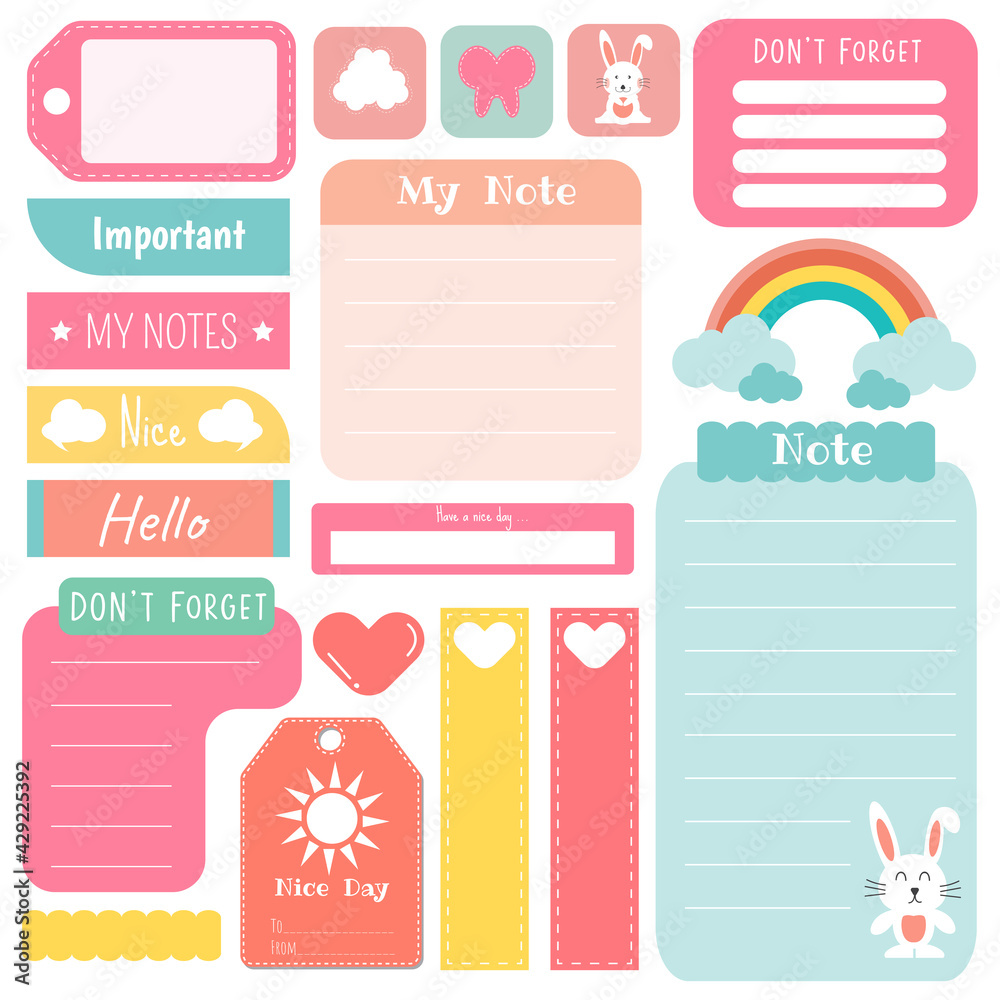 Cute paper notes. Stationary set. Scrapbook notes and cards.Printable planner stickers. Template for your message. Decorative planning element. Vector illustration. Cute paper notes. Stationary set. Scrapbook notes and cards.Printable planner stickers. Template for your message. Decorative planning element. Vector illustration.