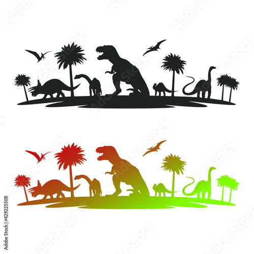 Dino Illustration Clip Art Design Scene. Dinosaurs Collection Silhouettes Icon Prehistoric.