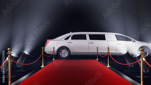 3d render red carpet with a limousine on the black background