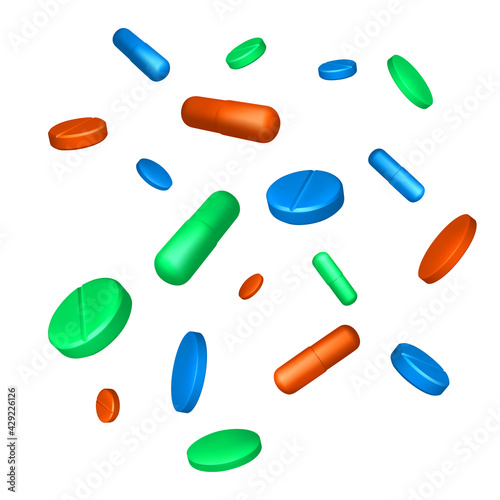 Realistic color scattered tablets. Red green and blue drug capsules isolated on white background. Healthcare and medicine object for banner or poster. Vector