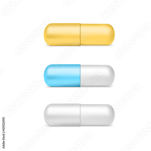 Realistic color capsule pills. Set of color drug capsules. Fish oil. Pharmacy medicine and healthcare. Antibiotic or vitamin tablets top view. Vector