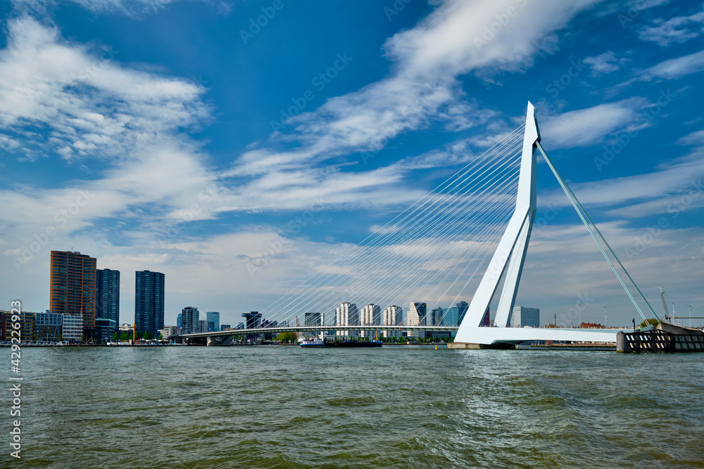View of Rotterdam over Nieuwe Maas with Erasmusbrug bridge. Rottherdam, the Netherlands