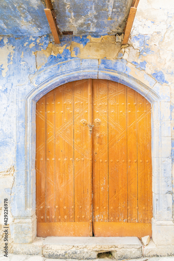 November 2020. Kato Drys in Larnaca District, Cyprus. Wooden door in The traditional village of Kato Drys in Cyprus