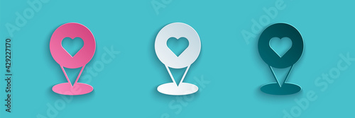 Paper cut Map pointer with heart icon isolated on blue background. Valentines day. Love location. Romantic map pin. Paper art style. Vector