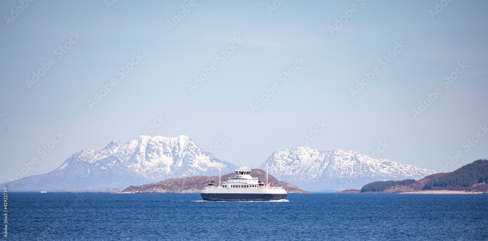 Car ferry in the bay,Horn,Helgeland,Nordland county,Norway,scandinavia,Europe Car ferry in the bay,Horn,Helgeland,Nordland county,Norway,scandinavia,Europe