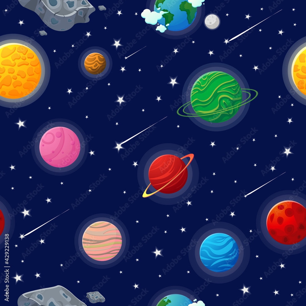 Space pattern with planets and stars. Astronaut