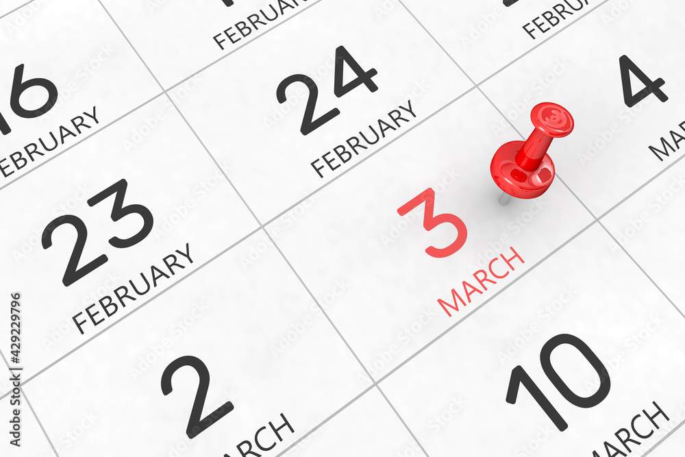 3d rendering of important days concept. March 3rd. Day 3 of month. Red date written and pinned on a calendar. Spring month, day of the year. Remind you an important event or possibility. 3d rendering of important days concept. March 3rd. Day 3 of month. Red date written and pinned on a calendar. Spring month, day of the year. Remind you an important event or possibility.