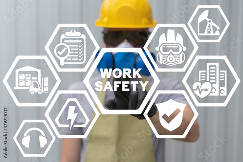 Concept of work safety. Worker health safety first requirement.