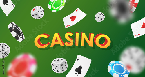 Banner with falling red, green, blue, black poker chips, tokens, white dices, playing cards on green background and yellow letters. Vector illustration for casino, game design, advertising.