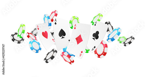 Poster with falling red, green, blue, black poker chips, tokens, playing cards on white background. Vector illustration for casino, game design, advertising.