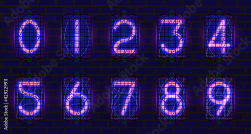 Set of retro neon numbers from blue lamps in-12, nixie tube indicator, industrial lamp gas-discharge indicator, neon light on dark background. Vector steampunk illustration.
