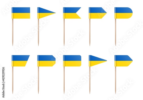 Ukraine toothpick flags isolated on a white background. Blue-yellow flag on a wooden stick