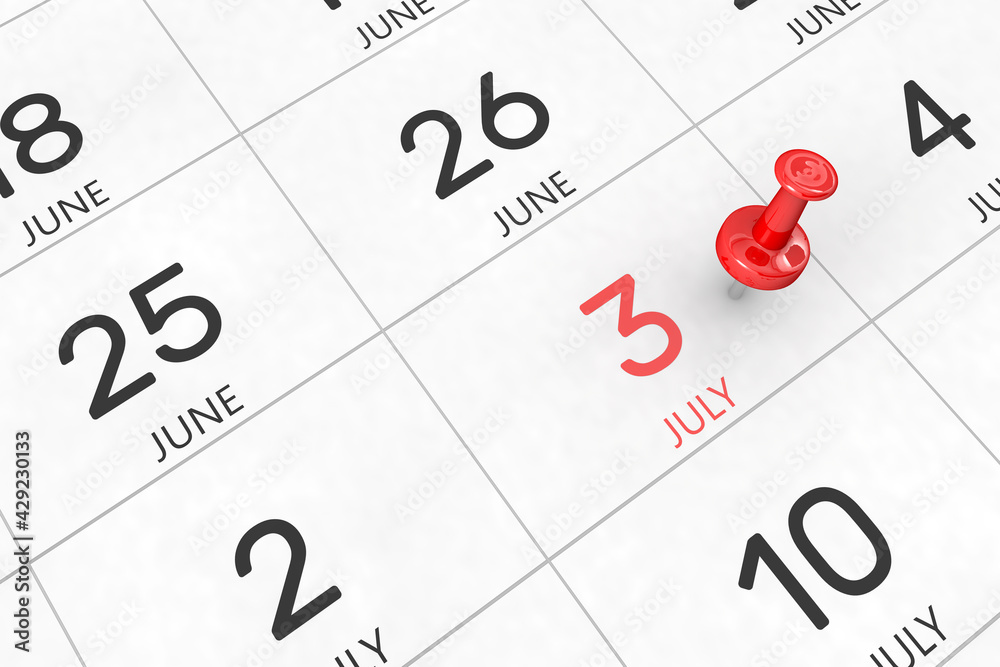 3d rendering of important days concept. July 3rd. Day 3 of month. Red date written and pinned on a calendar. Summer month, day of the year. Remind you an important event or possibility. 3d rendering of important days concept. July 3rd. Day 3 of month. Red date written and pinned on a calendar. Summer month, day of the year. Remind you an important event or possibility.