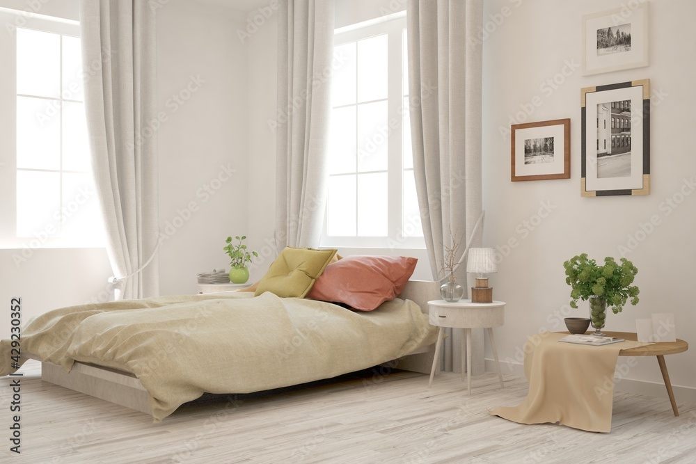 Fototapeta premium Soft color bedroom interior. Scandinavian design. 3D illustration