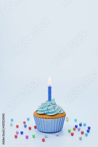 Festive cupcake with blue glaze and candle on blue background, empty space for text on top. 3d rendering. Birthday greeting card.