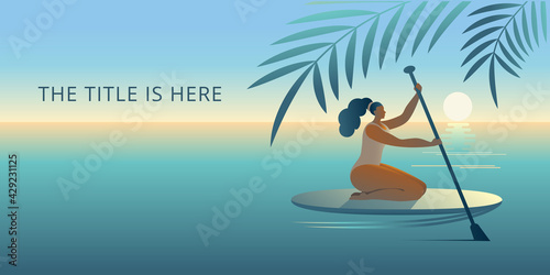 A girl in a swimsuit with a paddle sits on a surfboard. Horizontal banner template.