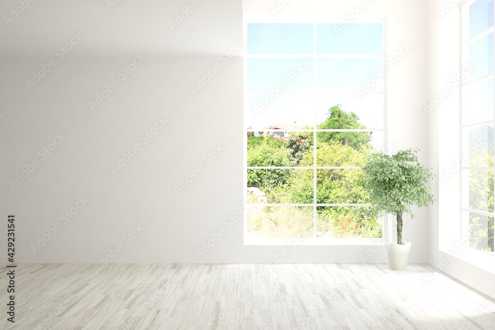 Fototapeta premium White empty room with summer landscape in window. Scandinavian interior design. 3D illustration