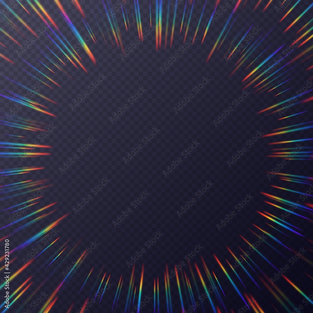 Light refractions frame, background with rainbow sunlight effect, holographic rays with transparency. Light refractions frame, background with rainbow sunlight effect, holographic rays with transparency.
