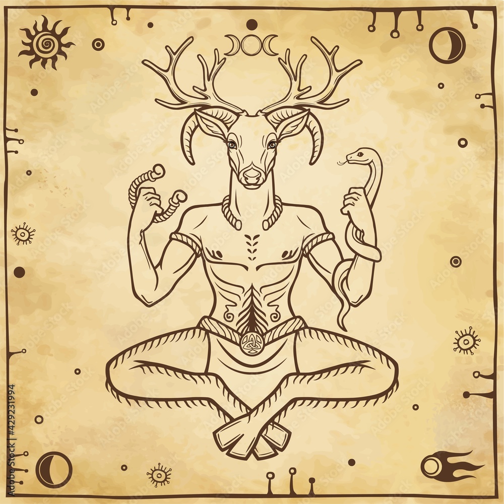 Fototapeta premium Horned god Cernunnos . Mysticism, esoteric, paganism, occultism. Vector illustration. Background - imitation of old paper.