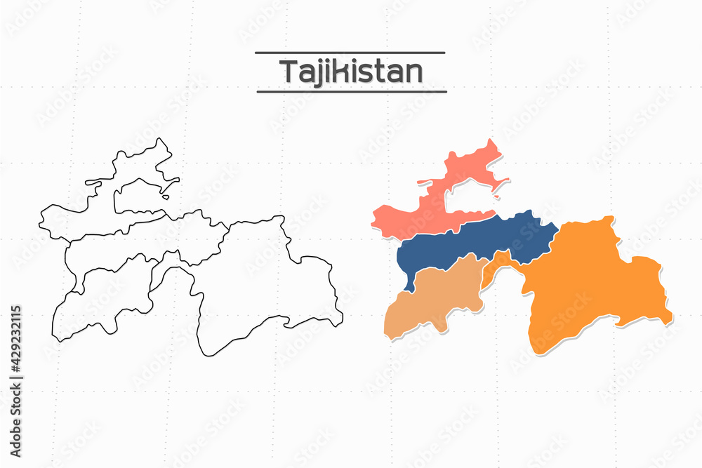 Tajikistan map city vector divided by colorful outline simplicity style. Have 2 versions, black thin line version and colorful version. Both map were on the white background.