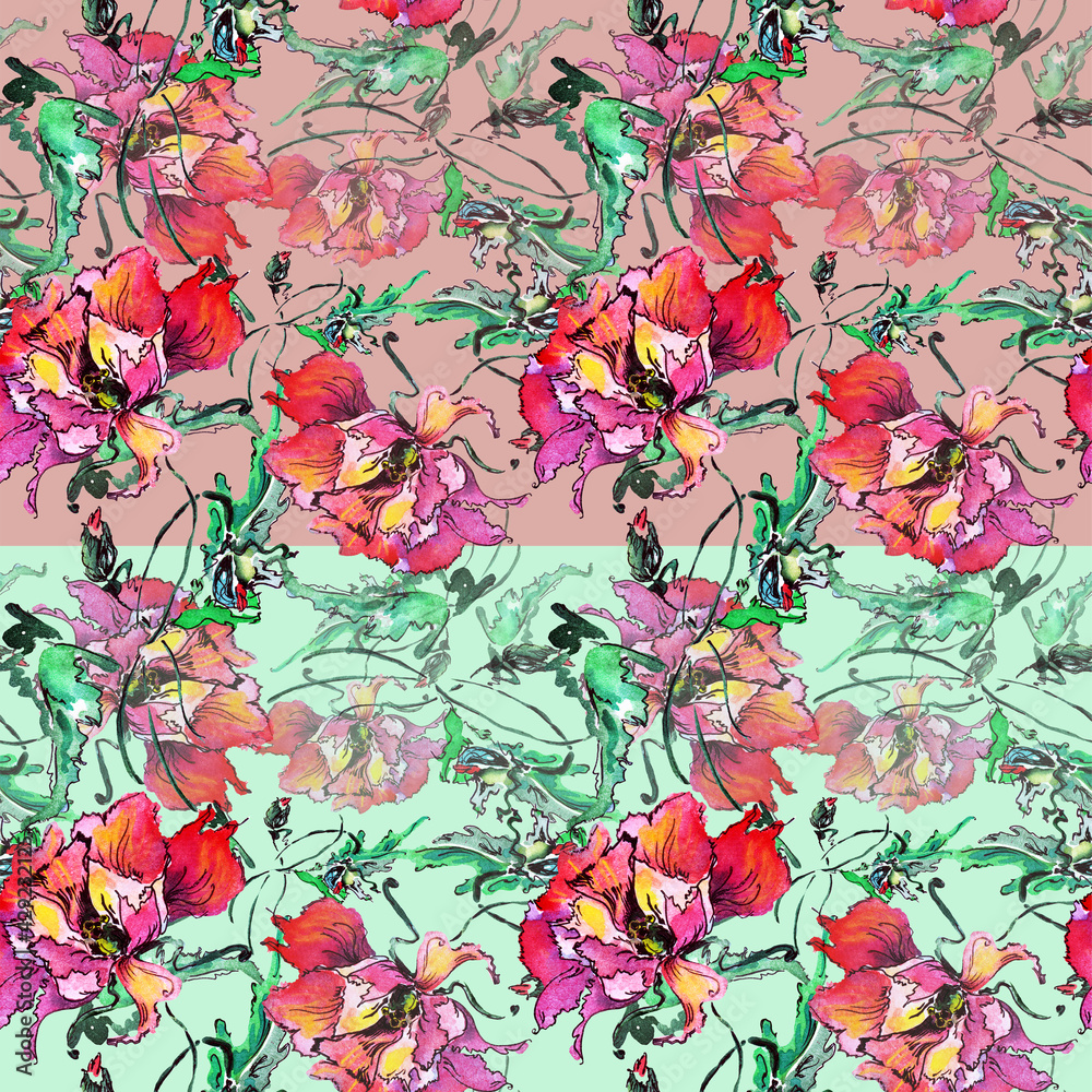 Seamless pattern with flowers poppy on colorful horizontal background.