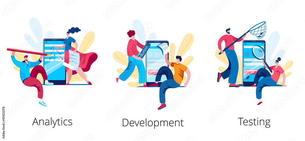 A team of analysts is developing a scheme for a mobile application. The concept of a vector illustration on the topic of analytics and development of technical requirements. A team of analysts is developing a scheme for a mobile application. The concept of a vector illustration on the topic of analytics and development of technical requirements.