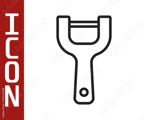 Black line Vegetable peeler icon isolated on white background. Knife for cleaning of vegetables. Kitchen item, appliance. Vector