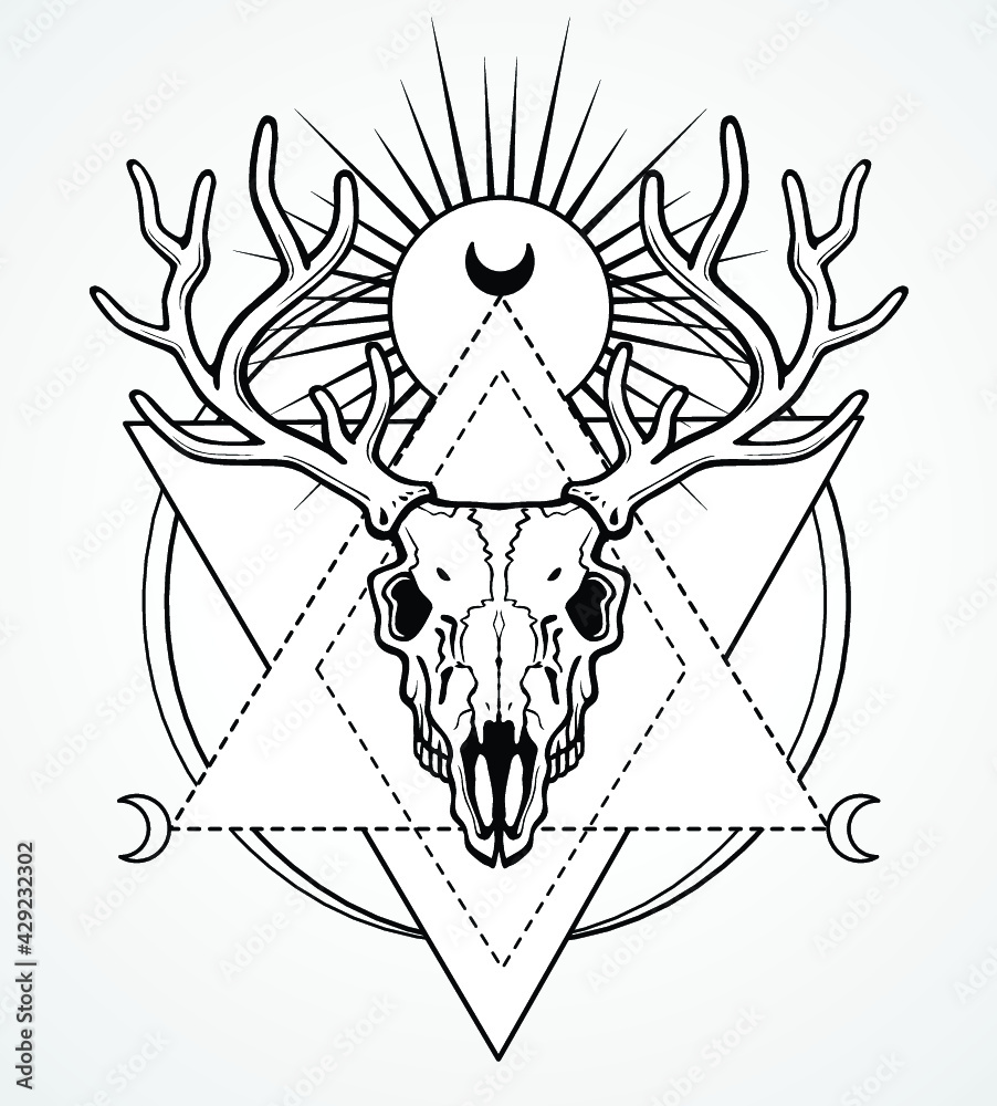 Mystical image of the skull of a horned deer, sacred geometry, symbols ...