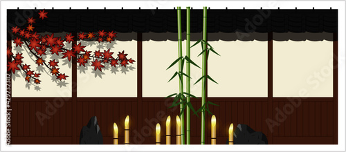 もみじと和風壁と坪庭の立面図イラスト