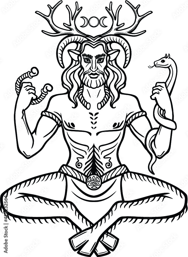 Fototapeta premium Horned god Cernunnos . Mysticism, esoteric, paganism, occultism. Vector illustration isolated on a white background.