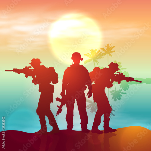Silhouette of a soldiers against the sunrise. Concept - protection, patriotism, honor.