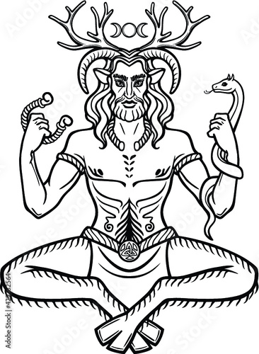 Horned god Cernunnos . Mysticism, esoteric, paganism, occultism. Vector illustration isolated on a white background.