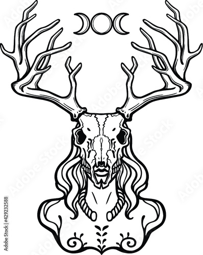 Horned god Cernunnos . Mysticism, esoteric, paganism, occultism. Vector illustration isolated on a white background.
