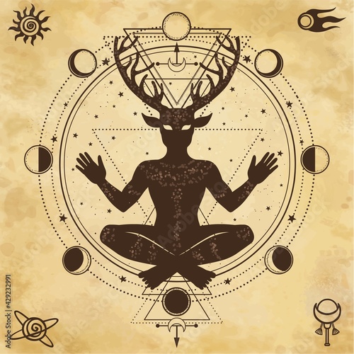 Silhouette of the sitting horned god Cernunnos. Circle sacred geometry, phases of the moon. Background - imitation of old paper. Mystic, esoteric, paganism, occultism. Vector illustration.