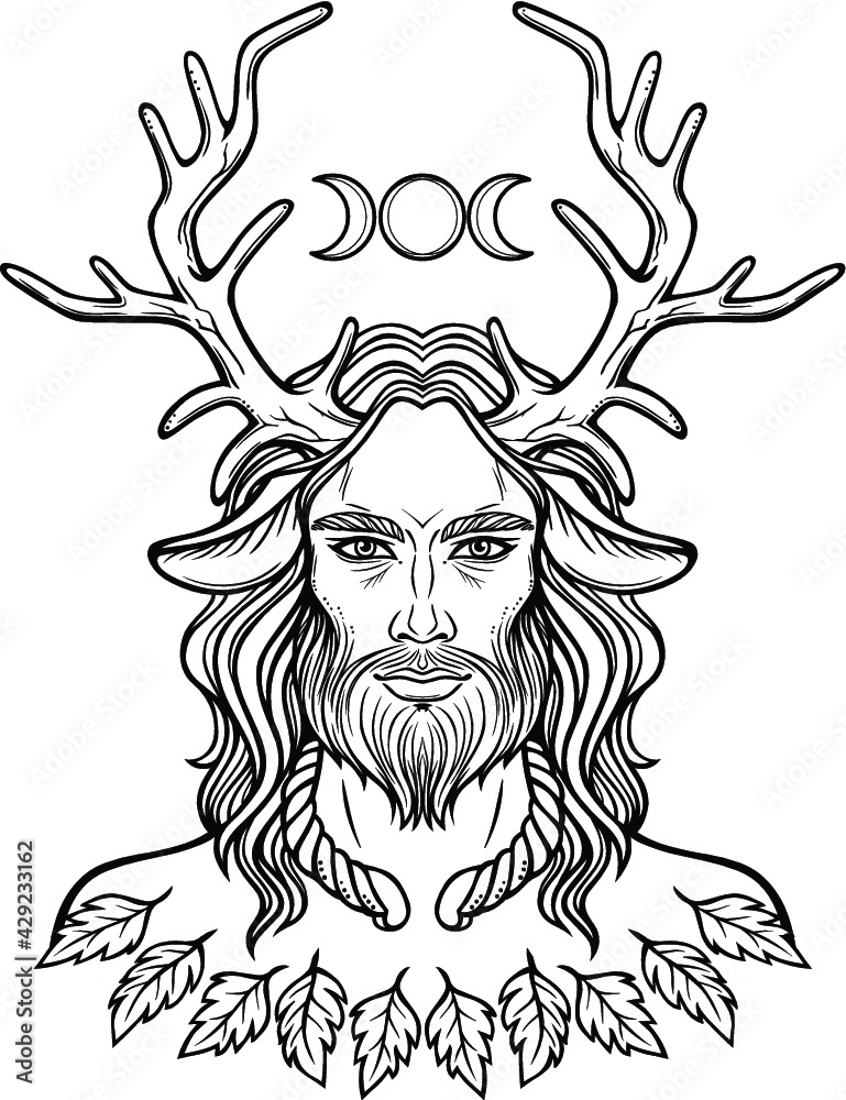 Portrait of horned god  Cernunnos . Mysticism, esoteric, paganism, occultism. Linear monochrome drawing. Vector illustration isolated on a white background.