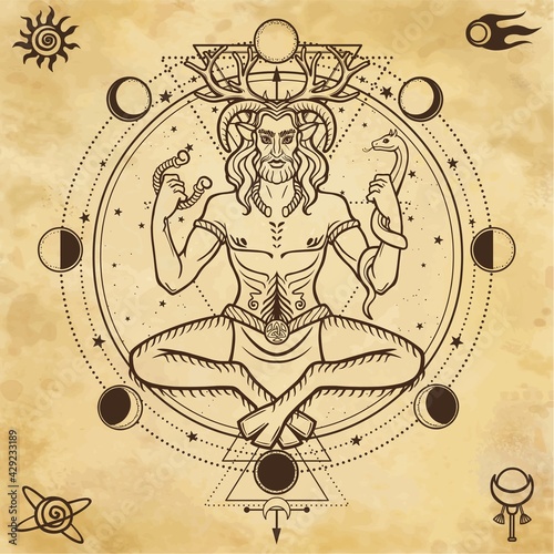 Animation portrait of sitting horned god  Cernunnos. Sacred geometry, phases of the moon, space symbols. Mysticism, esoteric, paganism. Vector illustration. Background - imitation of old paper.